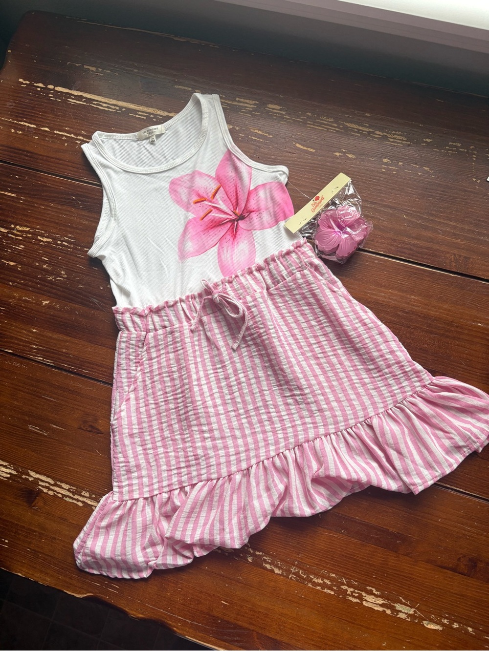 Pink Floral Tank Dress with Gingham Skirt for Kids
